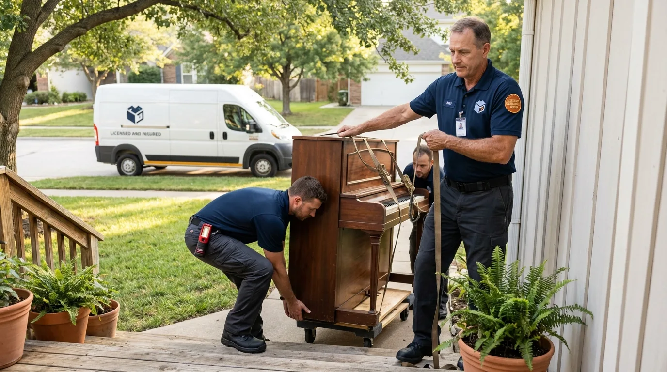 Licensed piano movers securing grand piano in Valley Springs, CA