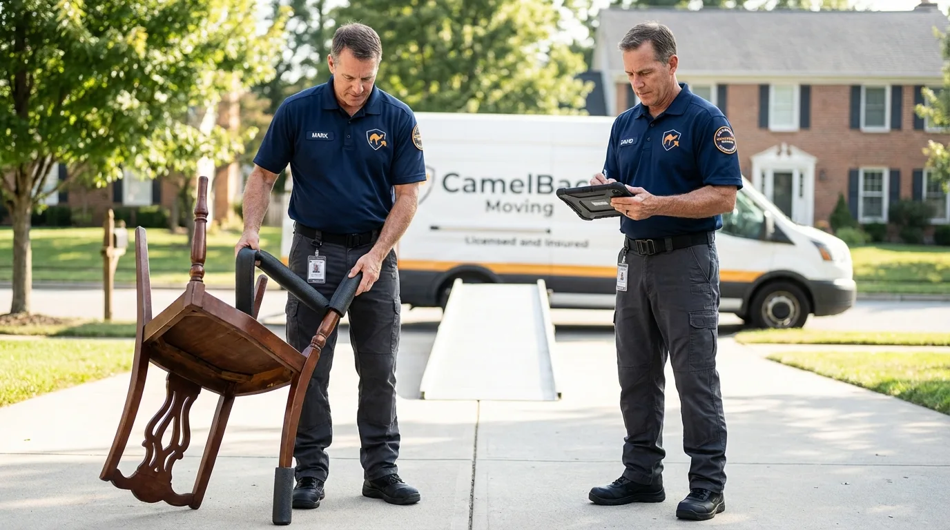 Movers inspecting furniture for damage prevention before loading in Valley Springs, CA
