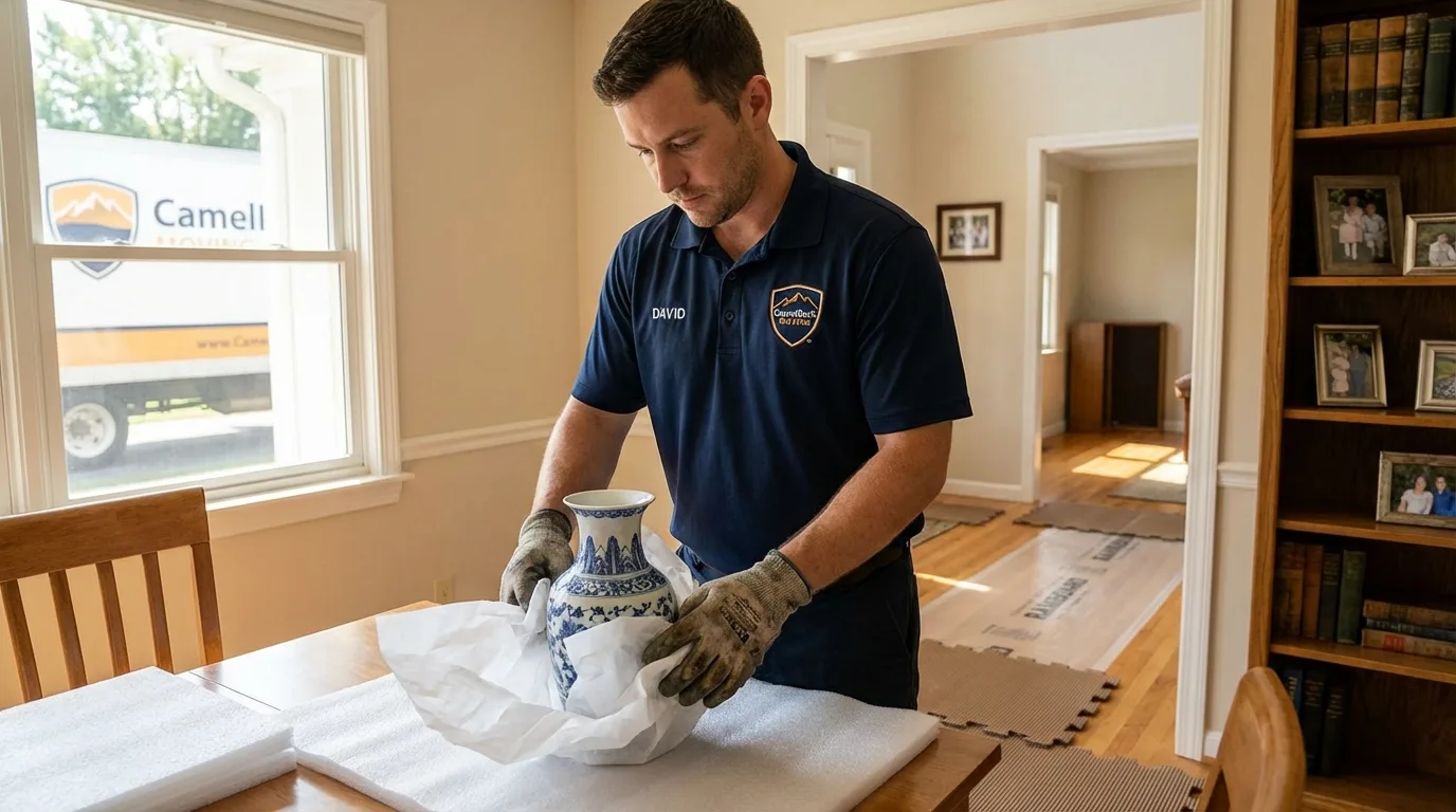 Professional crew carefully wrapping antique vase for senior downsizing move in Valley Springs, CA